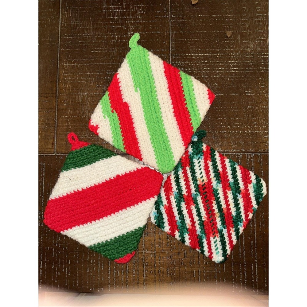 3 Handmade Crochet‎ Potholder Hot Pad Christmas Kitchen Decor Double Thickness